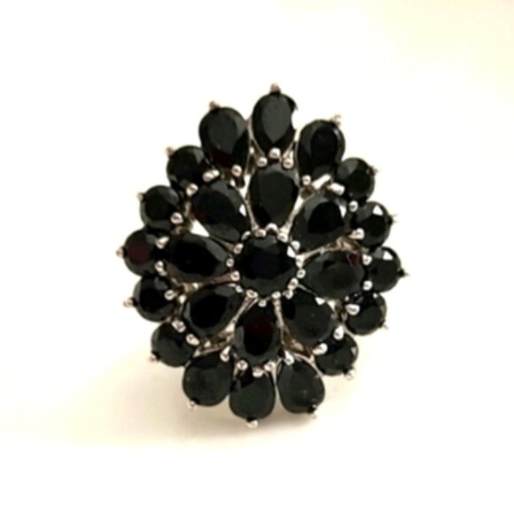 Vintage Jewelry - Sterling Silver Black Diamond Onyx Vintage Cocktail Ring Statement Ring Size 7.5